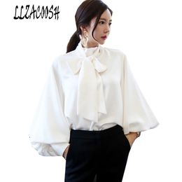 Spring Fashion Runway Blouse Women Mandarin Collar Big Lantern Sleeve Bow Neck Loose Tops Elegant Chiffon Shirt 210514