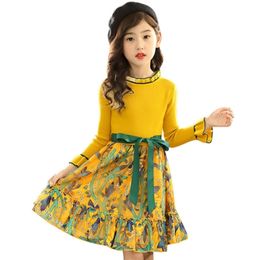 Girls Knitted Dress Autumn Winter Floral Pattern Party Kids Teenage Clothes For 6 8 10 12 13 14 211231