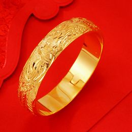 Dubai Wedding Solid Bangle Bracelet for Women Girl Yellow Gold Color Fashion Phoenix Patterned Jewelry Gift Openable