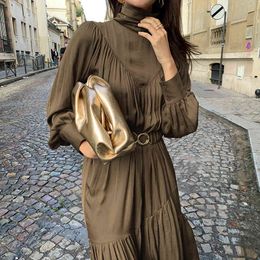 summer dress Elegant Long Sleeve A-line Dress Women Midi Female Vintage Turtleneck Spring Vestidos Femme Robe 210422