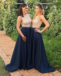 2021 Formal Navy Blue Long Bridesmaid Dresses Jewel Neck Beaded Champagne Gold Sheer Lace Bodice A Line Satin Bottom Bridesmaids Formal Gown