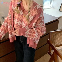 Aelegantmis Vintage V Neck Argyle Sweater Cardigan Women Pink Knitted Sweaters Vest Loose Casual Kawaii Plaid Sleeveless Jumpers 210607