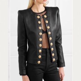 Customised double breasted metal buttons leather jacket female round neck soft real coat natural sheep leather tops F919