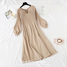 Autumn Winter Women Knitted Sweater Dress Korean Lantern sleeve V Neck Elegant Long Dress Ladies Bottoming Loose Dress 210521