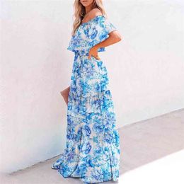 Multicoloured Bohemian Ruffled Off Shoulder Self Belted Party Dress Cotton Tunic Women Plus Size Boho Maxi Dresses Vestidos A324 210331