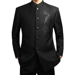 2020 Black Chinese Robe Suit Mens Traditional Stand Collar Apec Leader Clothing Male Embroidery Dragon Totem Tang X0909