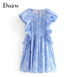 Women Sweet Butterfly Sleeve Mini Dress Summer Floral Print Boho Style Ladies Dresses O Neck Fashion Loose Dress Sukienki Letni 210414