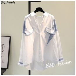 Women Blouse Cotton Stripes Patchwork White Shirts Spring Korean Blusas Loose Fake Two-piece Simple Fashion Tops 210519