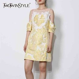 Elegant Patchwork Lace Dress For Women Slash Neck Short Sleeve High Waist Slim Dresses Female Fashion Clothing 210520
