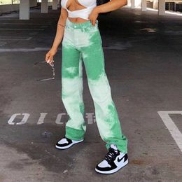 2021 Women's New Style Thin Blue Sky White Clouds Casual Hipster Hip-Hop High-Waisted Straight Tie-Dye High Waisted Pants Q0801