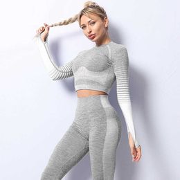 SeamlWomen Yoga Set Workout Sportswear Gym Clothing FitnLong Sleeve Crop Top High Waist Leggings Sports Suits X0629