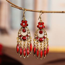 Antique Bronze Flower Carved Bohemia Earrings For Women Ethnic Alloy Hollow Jhumka Dangle Tassel Earring