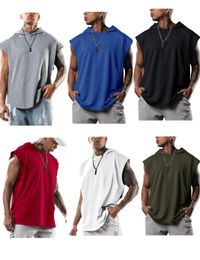 Men's Casual Pullover Sports T Shirts Hedging Hoodie Leisure Sleeveless T-Shirts Hooded Waistcoat Loose Tees Gym Fitness Tops