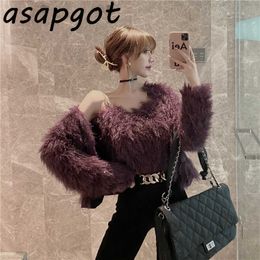 Loose Long Sleeve V Neck Purple Cardigan Coat Mohair Top Autumn Winter Chic Vintage Sexy Camisole Short Temperament Korean 210610
