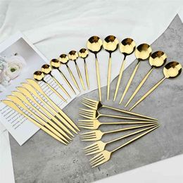 24Pcs Black Gold Cutlery Set Stainless Steel Dinnerware Set Colorful Knife Fork Coffee Spoon Tableware Kitchen Dinner Silverware 210706