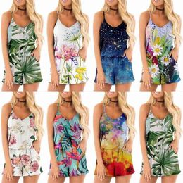 Loose V Neck Floral Rompers Women Summer Sleeveless Jumpsuit Printed Sling Pants Boho Playsuits Combinaison Femme 210517