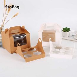 StoBag 10pcs/lot Kraft/White Handle Paper Box With Window Cupcake Packaging Birthday Party Handmade Cookies Hold Event Favour 210602