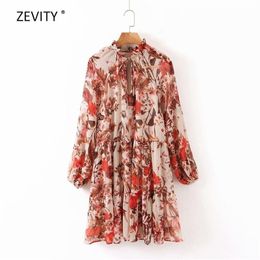 Women elegant tropical flower printing hem ruffles casual mini Dress lady long sleeve chiffon vestidos chic Dresses DS3296 210420