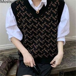 Chic V-neck Knitted Sweater Vest Women Sleeveless Korean Vintage Fashion Pullover Tops Femme 210513
