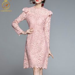 Fashion Runway Spring Pink Lace Dress Women's Stand Collar Long Sleeve Hollow Out Elegant Party Vestidos 210520