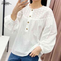 Summer Lantern Sleeve Women Blouse and Tops Cotton Casual Loose White Clothing Hollow Out O Neck Shirts Blusas 14449 210508