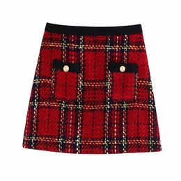 Vintage Women Red Plaid Woolen Skirts Fashion Ladies High Waist Skirt Elegant Female Chic Button Pocket Mini 210527