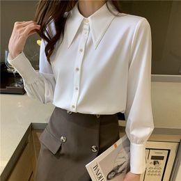Solid Colour Women Shirts Long Sleeve Chiffon shirt Button Up Vintage Blouse White Lady Female Loose 204F 210420