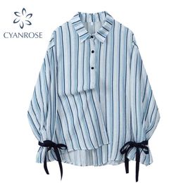 Striped Cardigan Blouses Or Tops For Women Long Sleeve Bandage Design Harajuku Korean Shirts Elegant Lapel OL Blusas Tops 210417
