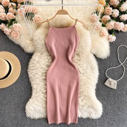 SINGREINY Chic Chain Strap Knitted Dress Women Sexy Sleeveless Backless Sheath Dress Summer Off Shoulder Slim Party Short Dress 210419