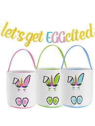 Personalized Easter Baskets Festive Canvas Crooked Ears Rabbit Bucket Cute Bunny Face Tote Bag Easters Eggs Hunting Baskets
