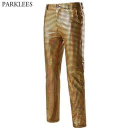 Shiny Gold Metallic Plaid Pants Men Nightclub Dancer Singer Punk Rockpants Mens Festival Christmas Party Stage Trousers Male 3XL X0615