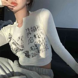 Knitted T-shirt Women's Spring and Summer Ins Short Navel Girl Slim Tight Bottoming Shirt Cotton White Long Sleeve Top 210529