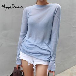 Sale Spring Summer Basic Tops Long Sleeve Loose Thin Sexy Blue T-shirt Women Fashion Solid Color Cotton Cloth Femme 210720