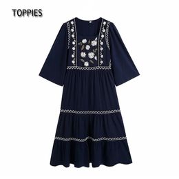 Toppies Vintage Bohemian Midi Dresses Women Short Sleeve Flower Embroidery Dress Short Sleeve Sexy Square Collar 210412