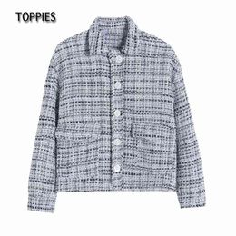 Vintage Twill Tweed Jacket Single Breasted Plaid Woman Casual Outwear Female Clothes 210421