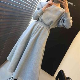 elegant New Autumn Winter Women Dresses Thick High Elastic Waist Casual Minimalist Pockets Warm Long Dress 210415