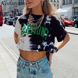 Kimutomo Fashion Letter Print T-shirt Women O-neck Contrast Colour Panelled Tie Dye Short Sleeve Sexy Top Summer Casual 210521