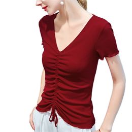 Gauze Short Sleeve T-shirt Women Summer Sexy Plus Size V-neck Black Red Blue Drawstring Top Feminina LR1090 210531