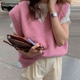 Sleeveless Vintage Sweater Vest Autumn Winter Pink Knitted Women V-neck Pullover Warm s Oversize 12231 210512