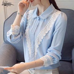 Blouse Women Spring Chiffon Shirt for Tops Button Solid Long Sleeve Ladies Lace Blusas Mujer De Moda 7962 50 210508