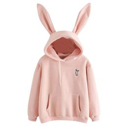 QRWR Autumn Winter Women Hoodies Kawaii Rabbit Ears Fashion Hoody Casual Solid Color Warm Sweatshirt Hoodies For Women 210928