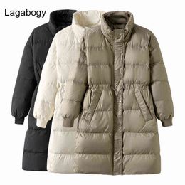 Lagabogy Winter Stand Collar Long Women White Duck Down Jacket Female Loose Windproof Khaki Parka Thick Warm Snow Coat 211221