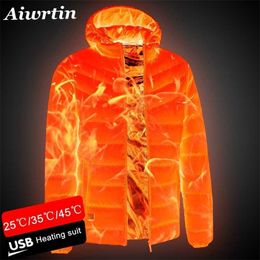 Men Heated Jackets Outdoor Coat USB Electric Battery Long Sleeves Heating Hooded Jackets Warm Winter Thermal Clothing 211130