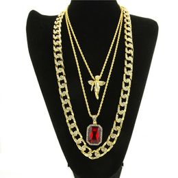 Mens Hip Hop Necklace Ruby Pendant Necklaces Fashion Cuban Link Chain Jewellery 3Pcs/Set