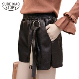 winter fashion women PU leather short pants casual high waist shorts Wide leg black trousers C935 30 210506