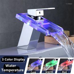 waterfall taps lights Australia - Bathroom Faucet With LED Light Flat Mouth Waterfall Basin Faucets Wash Sink Glass Taps 3 Colors Change Kitchen Cold Mixer1