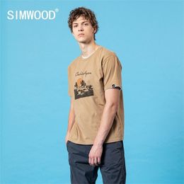 SIMWOOD summer new t-shirt men vintage pattern print 100% cotton breathable tops fashion brand clothing SJ150050 210409