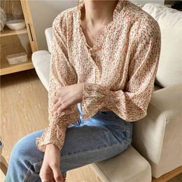 Summer Office Lady Ruffles Sweet Girls All Match V-Neck Arrival Elegance Florals Printed Gentle Shirts 210421