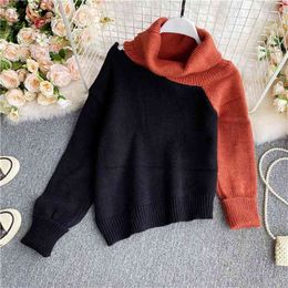 Women Fall Winter Colorblock Off-Shoulder Sweater Turtleneck Patchwork Female Korean Irregular Tops Pullover Knit Japan HK038 210506