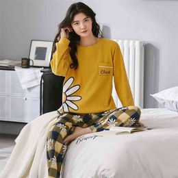 ATUENDO Autumn Fashion Korean Silk Pyjama Set for Women 100% Cotton Satin Atoff Home Sleepwear Winter Warm Soft Kawaii Nightwear 210330